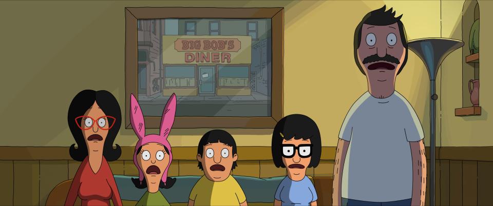 Linda Belcher (voiced by John Roberts), Louise Belcher (voiced by Kristen Schaal), Gene Belcher (voiced by Eugene Mirman), Tina Belcher (voiced by Dan Mintz), and Bob Belcher (voiced by H. Jon Benjamin) in "The Bob's Burgers Movie."