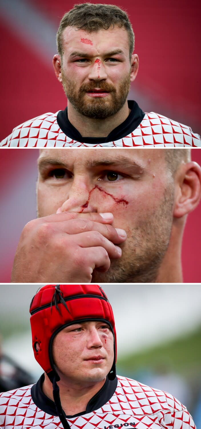 The violence of the battle shows on the faces of rugby players.