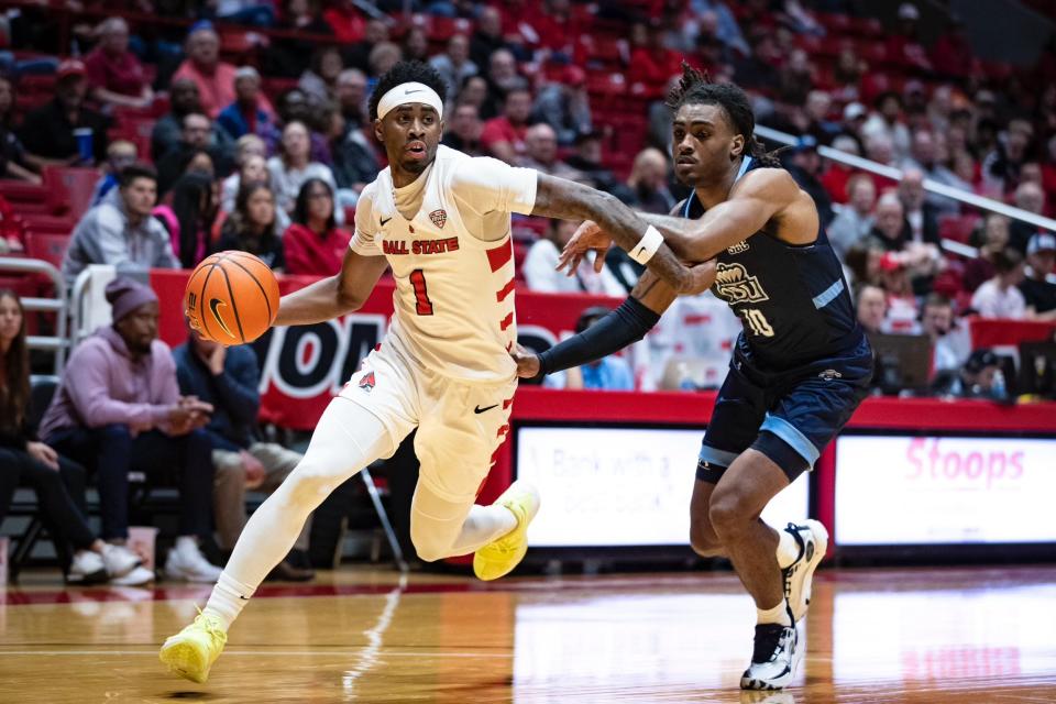 Ball State men’s basketball's Jalin Anderson notched career highs in both points (29) and rebounds (8) in his team's 73-68 win over Old Dominion at Worthen Arena on Saturday, Nov. 11, 2023.