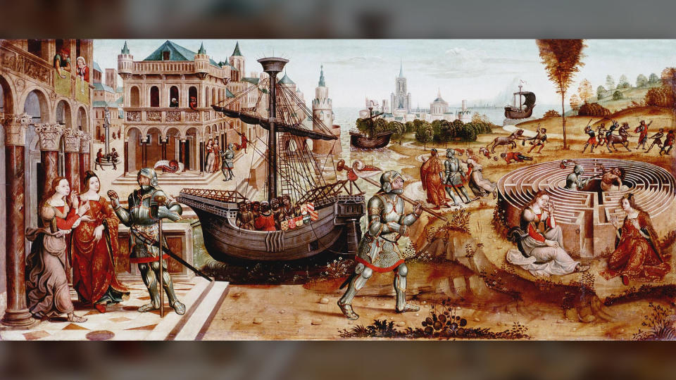 A painting showing Theseus' journeys, including a ship and a labyrinth where he slays the minotaur.