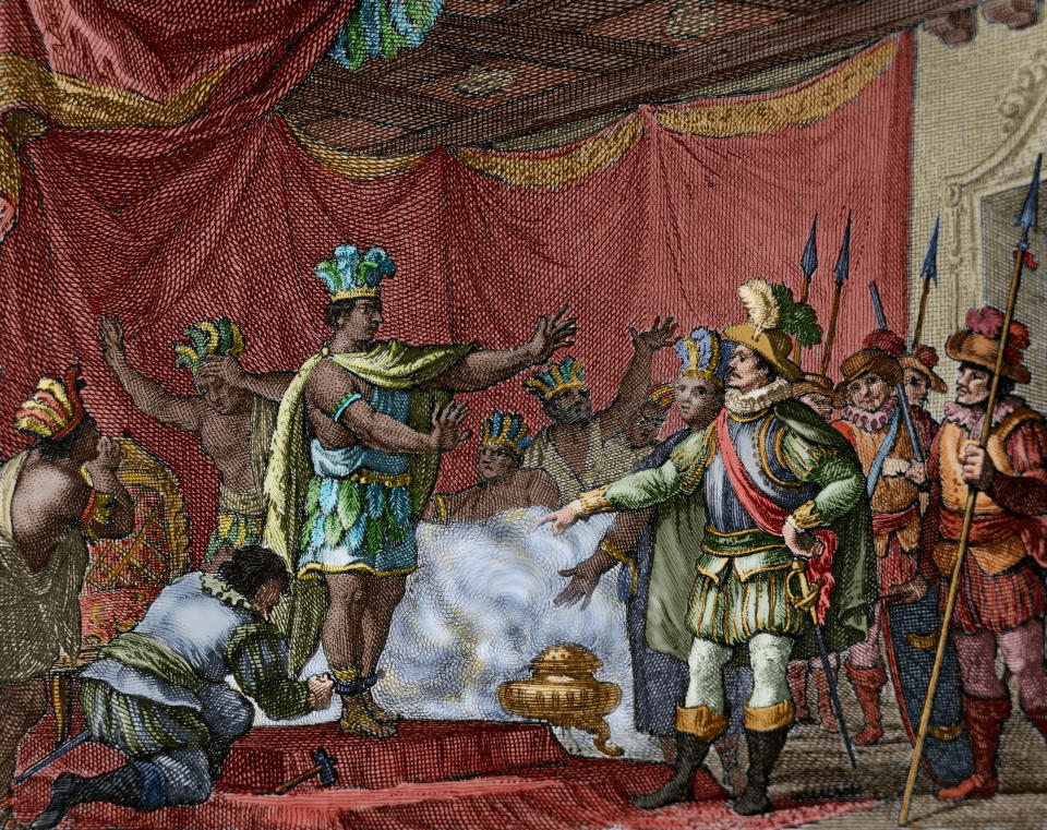 Second letter of Relation by Hernan Cortes (October 30, 1520). To punish the betrayal of Aztec hero Cuauhpopoca, Cortes took prisoner Moctezuma II. Engraving, 1807. Colored. (Photo by: PHAS/Universal Images Group via Getty Images)