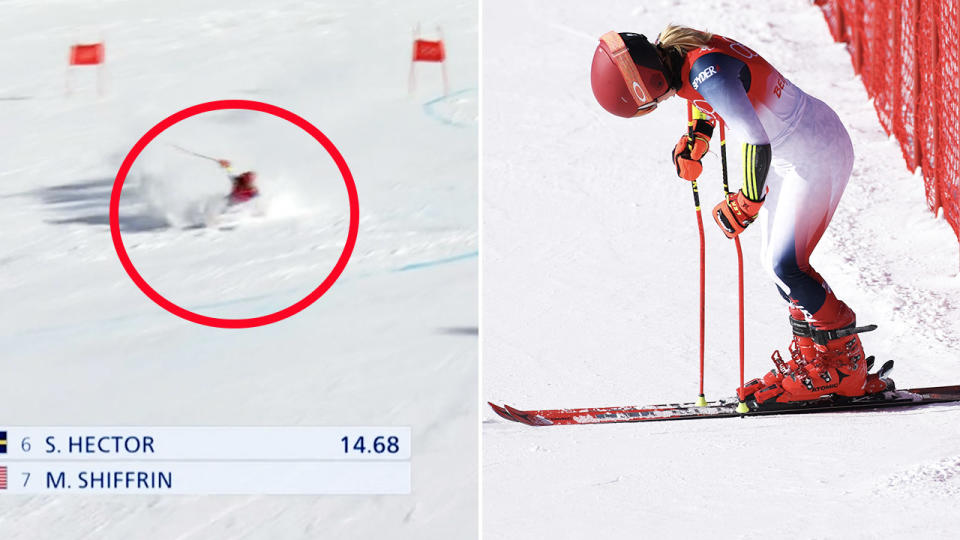 Mikaela Shiffrin, pictured here crashing out of the giant slalom in extraordinary scenes.