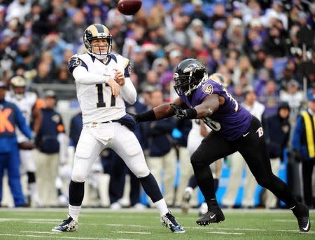 Nov 22, 2015; Baltimore, MD, USA; St. Louis Rams quarterback Case Keenum (17) throws the ball while being pressured by Baltimore Ravens linebacker Elvis Dumervil (58) in the fourth quarter at M&T Bank Stadium. The Ravens won 16-13. Mandatory Credit: Evan Habeeb-USA TODAY Sports