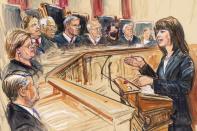 FILE - This artist sketch depicts Solicitor General Elizabeth Prelogar, right, presenting an argument before the Supreme Court, Monday, Nov. 1, 2021, in Washington. Justices seated from left are Associate Justice Brett Kavanaugh, Associate Justice Elena Kagan, Associate Justice Samuel Alito, Associate Justice Clarence Thomas, Chief Justice John Roberts, Associate Justice Stephen Breyer, Associate Justice Sonia Sotomayor, Associated Justice Neil Gorsuch and Associate Justice Amy Coney Barrett. (Dana Verkouteren via AP, FILE)