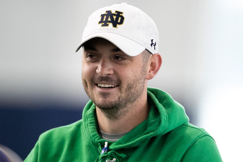 Notre Dame offensive coordinator Tommy Rees during Notre Dame Spring Practice on Saturday, March 26, 2022, at Irish Athletics Center in South Bend, Indiana.