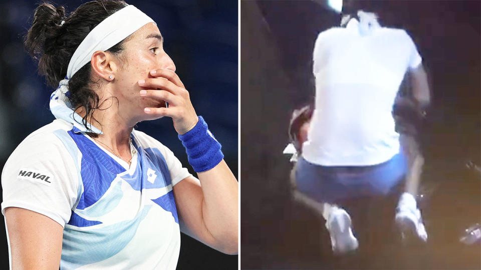 Ons Jabeur was slumped in the tunnel in heartbreaking scenes at the Australian Open. Pic: Getty/Twitter