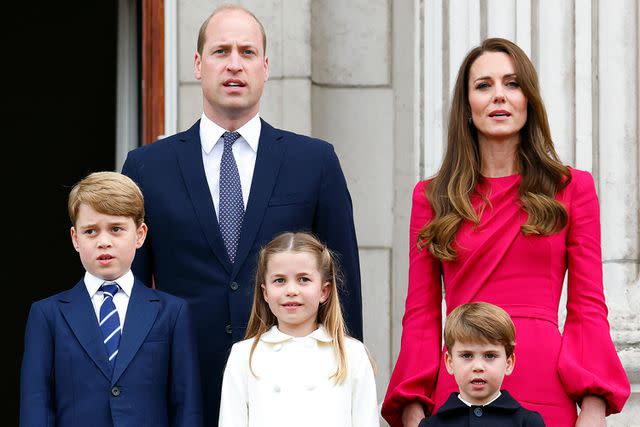 <p>Max Mumby/Indigo/Getty</p> Prince George, Prince William, Princess Charlotte, Prince Louis and Kate Middleton on the balcony of Buckingham Palace following the Platinum Pageant on June 5, 2022.