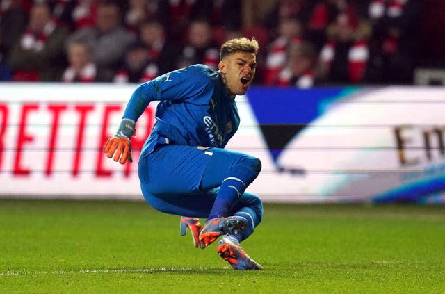 Ederson reacts after a collision with Bristol City’s Sam Bell