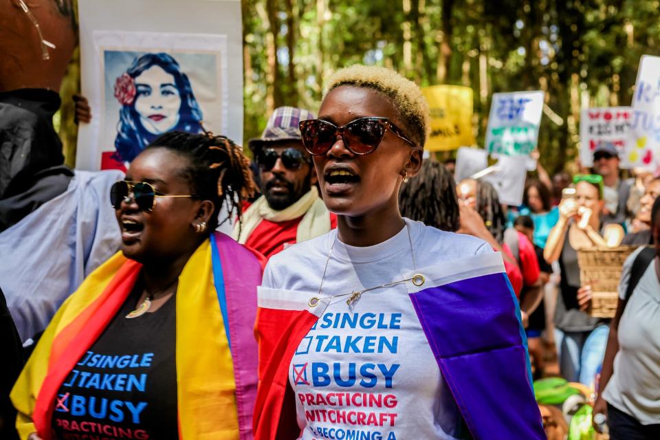 Women gather to support "Women March" held against President Donald Trump in Washington at Karura Forest in Nairobi, Kenya on January 21, 2017.&nbsp;