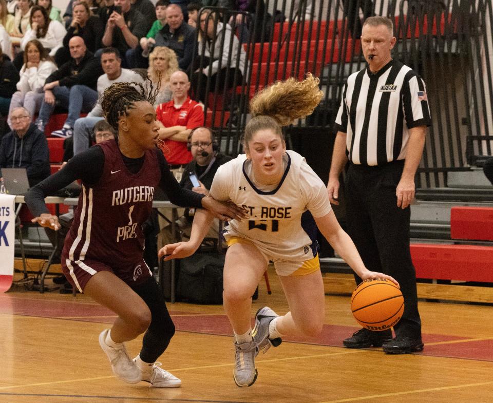 St. Rose’s Jada Lynch goes down to the court in first half action. Rutgers Prep Girls Basketball vs. St. Rose in NJSIAA Non-Public Sectional finals at Jackson Liberty High School in Jackson NJ on March 4, 2024.
