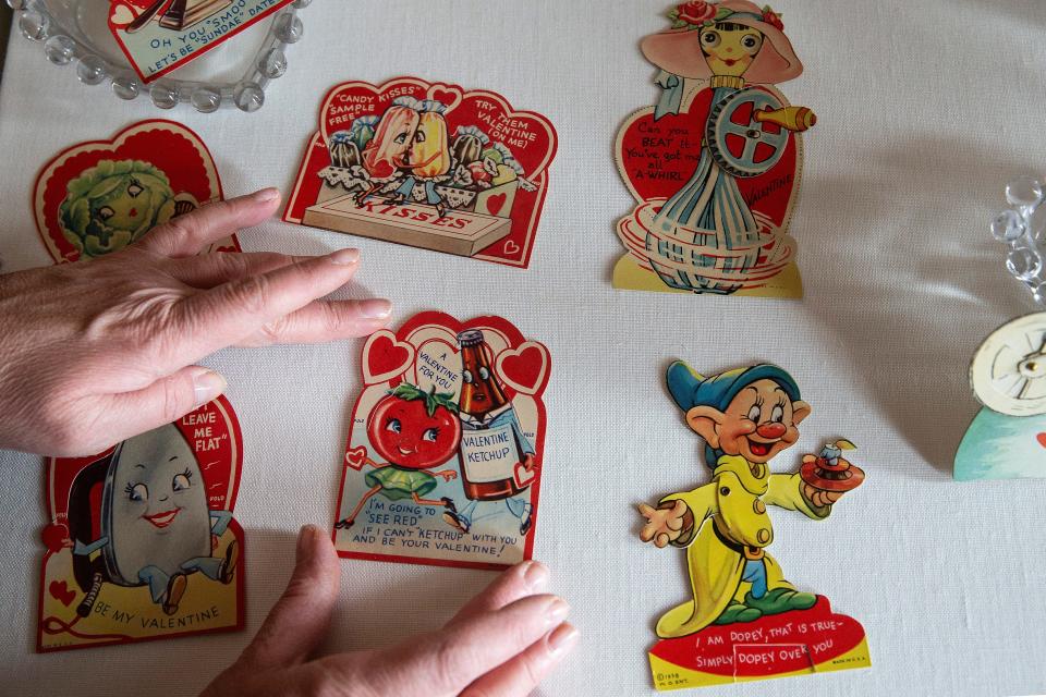 A selection of Valentine's Day cards is shown, depicting various cartoon characters, from the old-time valentine's card display at the Hagen History Center on Feb. 2 in Erie.