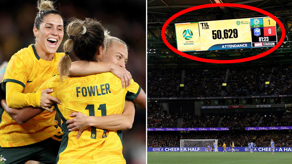 Pictured right, the figure for the new Matildas crowd record in Australia.