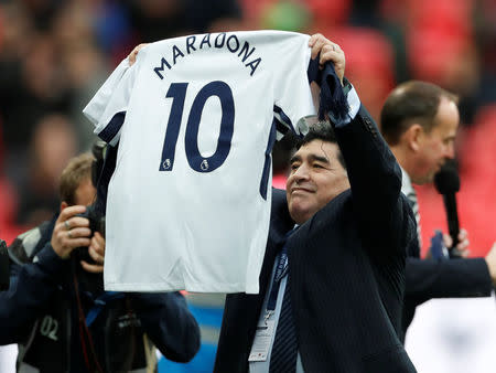 Soccer Football - Premier League - Tottenham Hotspur vs Liverpool - Wembley Stadium, London, Britain - October 22, 2017 Diego Maradona is presented on the pitch at half time Action Images via Reuters/Matthew Childs