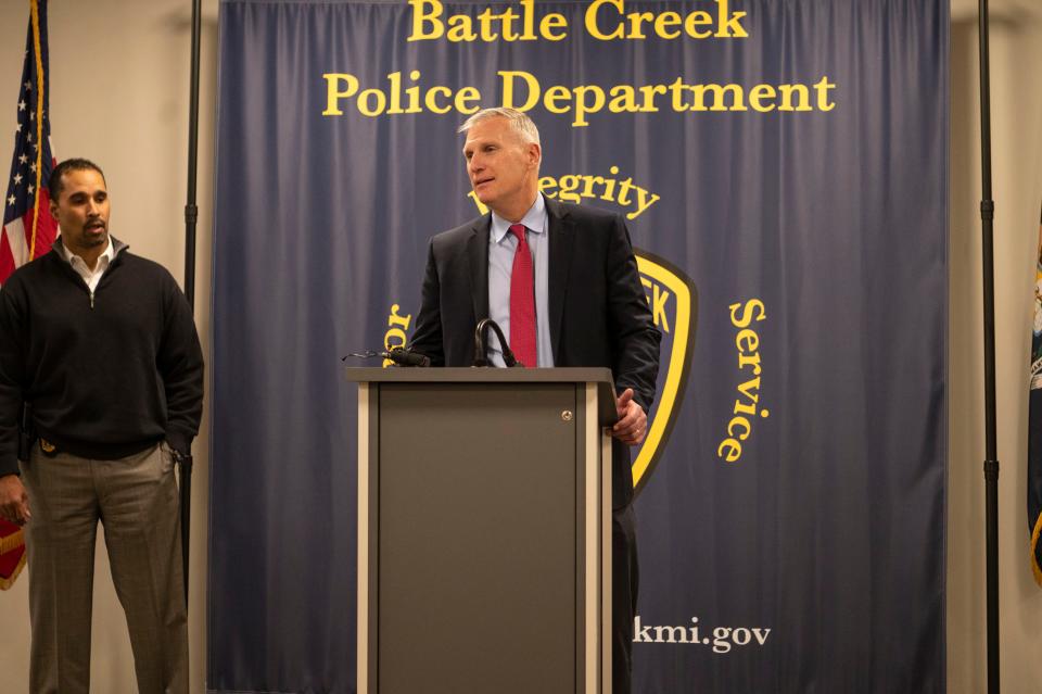 Battle Creek Police Chief Jim Blocker introduces Deputy Chief Shannon Bagley during a press conference at the Battle Creek Police Department on Thursday, Dec. 1, 2022.