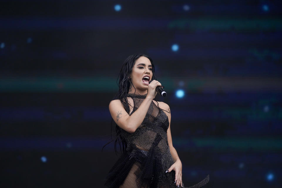 La cantante argentina Lali Esposito durante su concierto en el Festival Tecate Emblema en la Ciudad de México el sábado 18 de mayo de 2024. (Foto AP/Aurea Del Rosario)