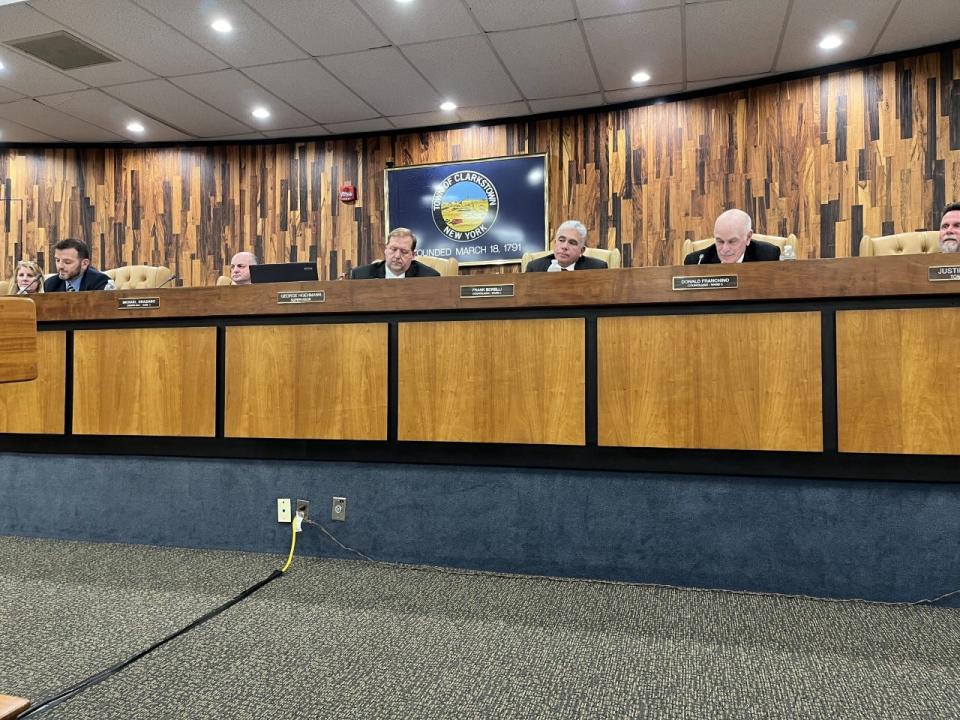 Clarkstown Town Board, from left, Patrick Carroll, Michael Graziano, Supervisor George Hoehmann, Frank Borelli and Donald Franchino listening to residents speak about repealing term limits during Town Hall public hearing on Jan. 4, 2023.