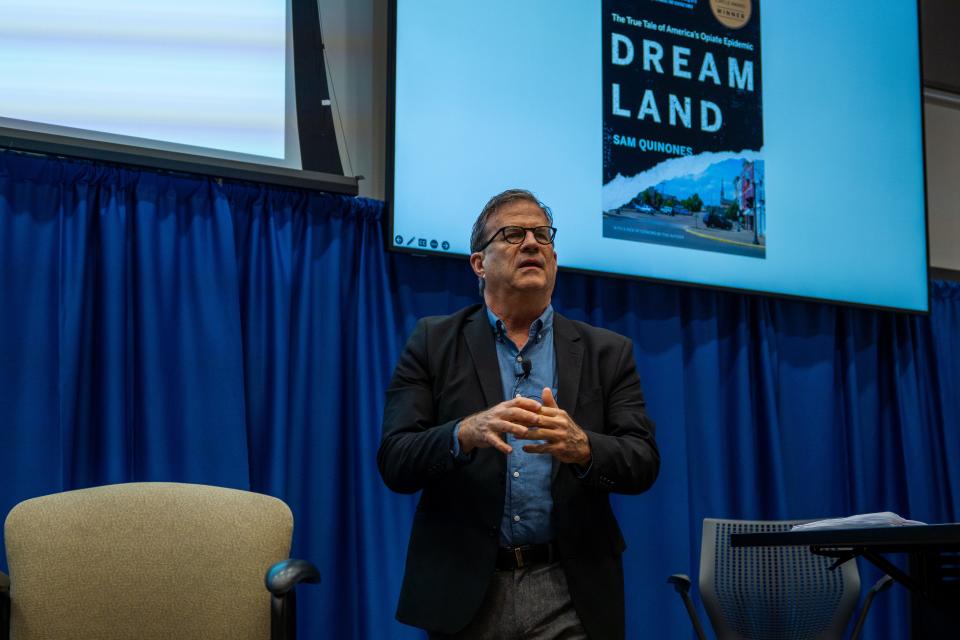 Author and journalist Sam Quinones speaks with students during a visit to Kent State University. He served recently as an ethics lecturer in KSU's School of Media and Journalism.