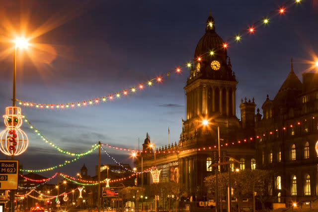 Town Hall and Christmas lights on The Headrow, Leeds, West Yorkshire, Yorkshire, England, United Kingdom, Europe