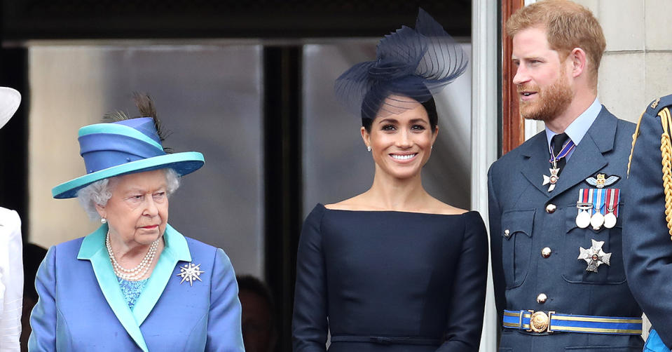 The Queen, Meghan Markle and Prince Harry on the Buckingham Palace balcony