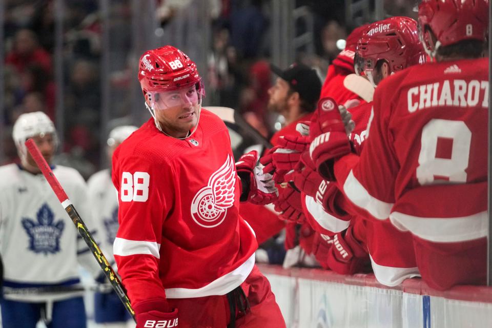 Detroit Red Wings right wing Daniel Sprong (88) celebrates his goal against the Toronto Maple Leafs in the third period at Little Caesars Arena in Detroit on Saturday, Oct. 7, 2023.