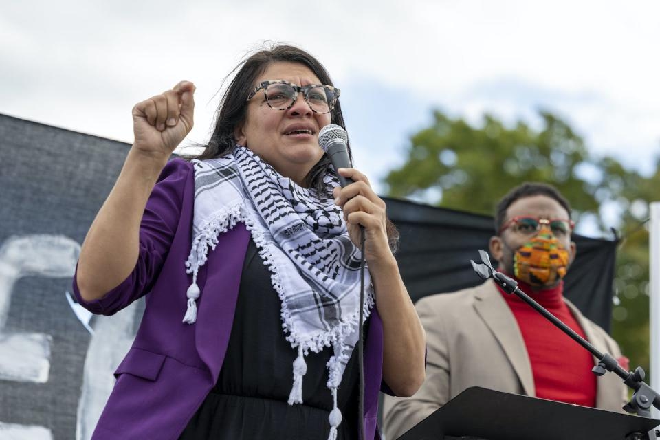 Rep. Rashida Tlaib, D-Mich., speaks during a demonstration calling for a cease-fire in Gaza. <a href="https://newsroom.ap.org/detail/Election2024MichiganTlaib/e0a47d188079478ea61d918f8d72eabb/photo?Query=from%20river%20to%20sea&mediaType=photo,video,graphic,audio&sortBy=arrivaldatetime:desc&dateRange=Anytime&totalCount=478&currentItemNo=4" rel="nofollow noopener" target="_blank" data-ylk="slk:AP Photo/Amanda Andrade-Rhoades;elm:context_link;itc:0;sec:content-canvas" class="link ">AP Photo/Amanda Andrade-Rhoades</a>