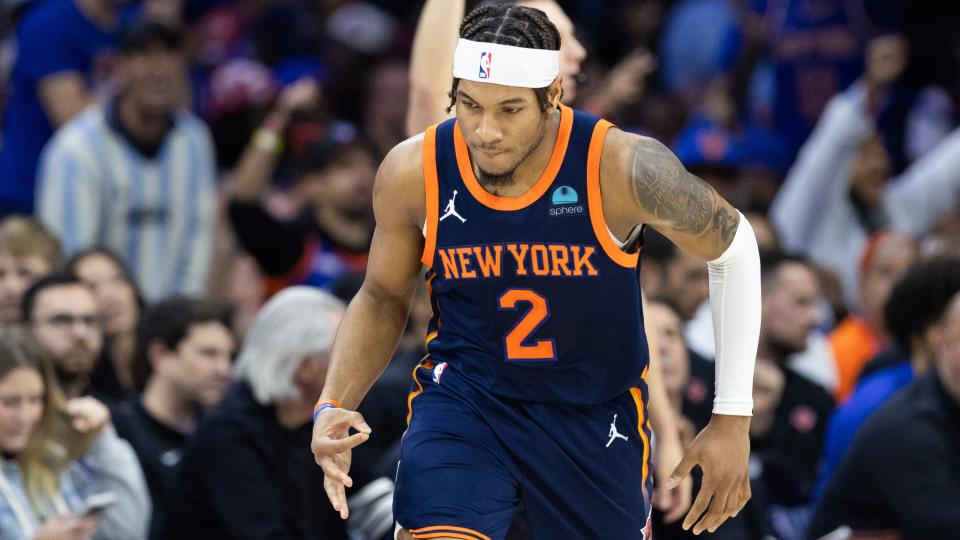 Apr 28, 2024; Philadelphia, Pennsylvania, USA; New York Knicks guard Miles McBride (2) reacts to his three pointer against the Philadelphia 76ers during the first half of game four of the first round in the 2024 NBA playoffs at Wells Fargo Center. Mandatory Credit: Bill Streicher-Imagn Images