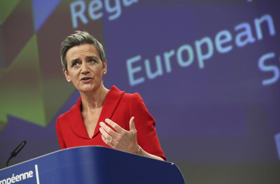 European Commission Vice President Margrethe Vestager speaks during a media conference on the proposal for a Regulation to address distortions caused by foreign subsidies in the Single Market and on the European Industrial Strategy Update at EU headquarters in Brussels, Wednesday, May 5, 2021. (Yves Herman, Pool via AP)