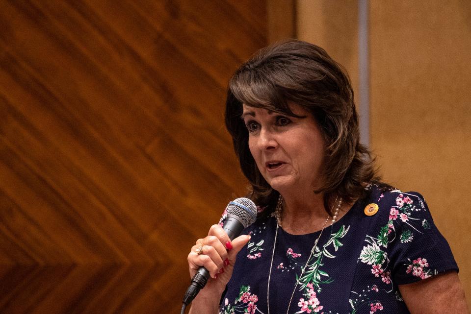 Sen. Sine Kerr speaks on the floor of the Arizona Senate at the Arizona Capitol in Phoenix on April 25, 2023.