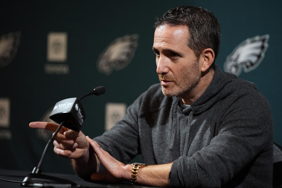 Philadelphia Eagles' Howie Roseman points for a question during a news conference with Nick Sirianni at the NFL teams' practice facility, Wednesday, Jan. 24, 2024, in Philadelphia. (AP Photo/Matt Slocum)