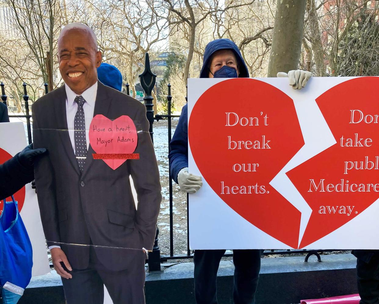 Retired city workers gathered near City Hall in lower Manhattan, New York on Monday, Feb. 14, 2022, to tell New York City Mayor Eric Adams he's breaking their hearts with his plan to change their beloved Medicare coverage. 