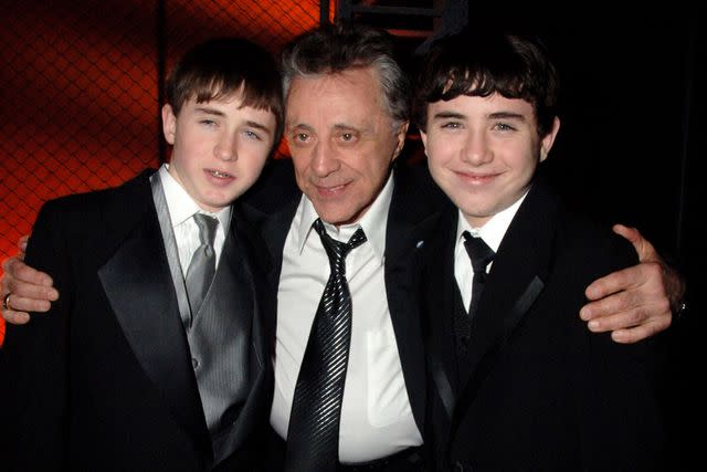 <p>Dave M. Benett/Getty</p> Frankie Valli with his sons Brando and Emilio in London in March 2008