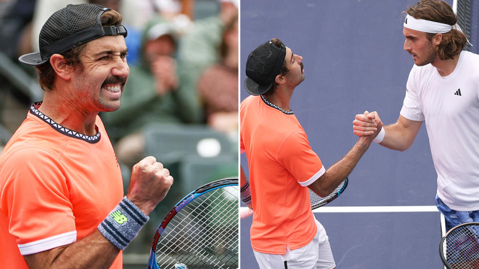 Jordan Thompson celebrates on the left, and shakes hands with Stefanos Tsitsipas on the right.