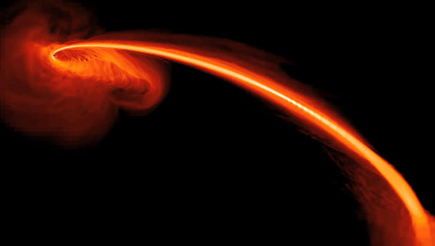 This NASA image released July 11, 2012 shows a computer-simulated image of gas from a star that is ripped apart by tidal forces as it falls into a black hole. Some of the gas also is being ejected at high speeds into space. Using observations from telescopes in space and on the ground, astronomers gathered the most direct evidence yet for this violent process: a supermassive black hole shredding a star that wandered too close. NASA's orbiting Galaxy Evolution Explorer (GALEX) and the Pan-STARRS1 telescope on the summit of Haleakala in Hawaii were used to help to identify the stellar remains. A flare in ultraviolet and optical light revealed gas falling into the black hole as well as helium-rich gas that was expelled from the system. When the star is torn apart, some of the material falls into the black hole, while the rest is ejected at high speeds. The flare and its properties provide a signature of this scenario and give unprecedented details about the stellar victim.To completely rule out the possibility of an active nucleus flaring up in the galaxy instead of a star being torn apart, the team used NASA's Chandra X-ray Observatory to study the hot gas. Chandra showed that the characteristics of the gas didn't match those from an active galactic nucleus.The galaxy where the supermassive black hole ripped apart the passing star in known as PS1-10jh and is located about 2.7 billion light years from Earth. Astronomers estimate the black hole in PS1-10jh has a mass of several million suns, which is comparable to the supermassive black hole in our own Milky Way galaxy.