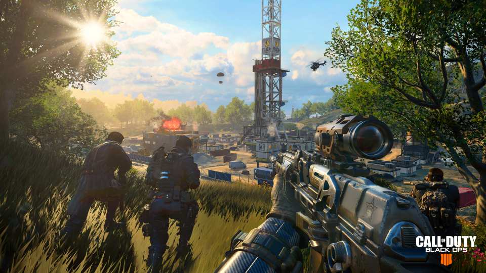 A screen shot from Call of Duty: Black Ops 4 with animated images of players in a first-person-shooter game.