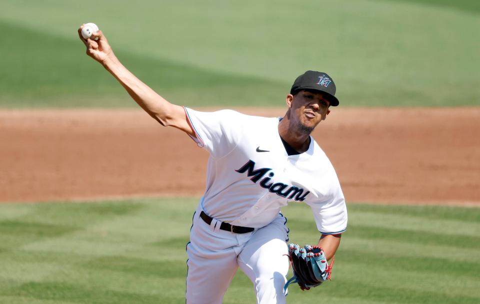 Feb 26, 2023; Jupiter, Florida, USA; Miami Marlins pitcher Eury Perez (76) throws in the fourth inning against the St. Louis Cardinals at Roger Dean Stadium. Mandatory Credit: Rhona Wise-USA TODAY Sports