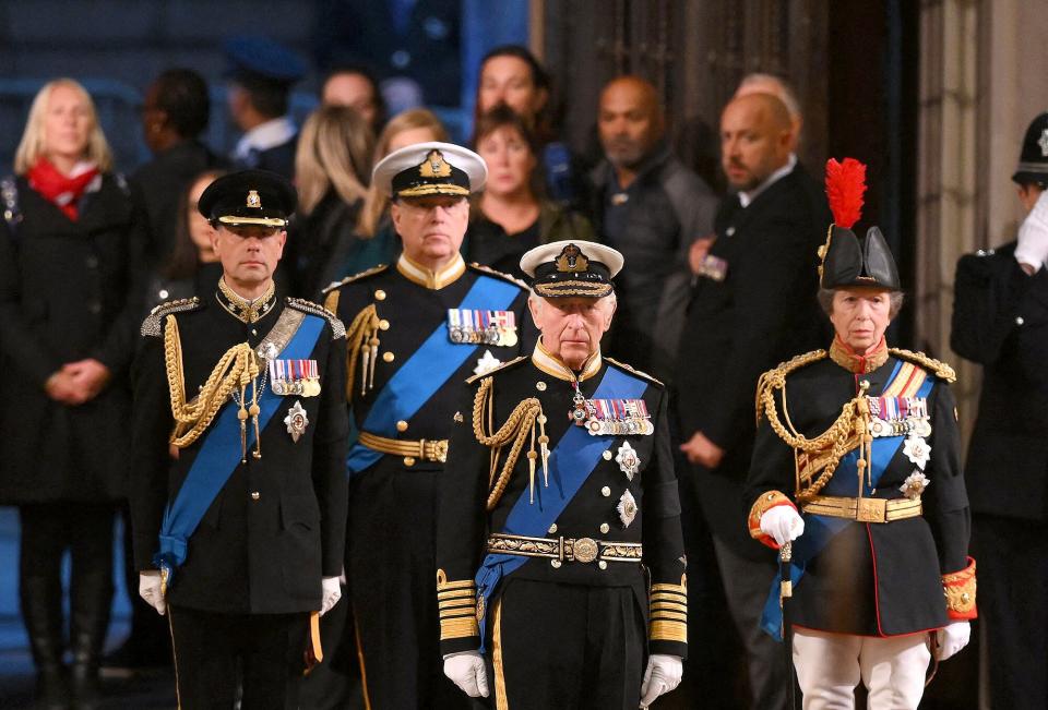 King Charles III, Britain's Princess Anne, Princess Royal, Britain's Prince Andrew, Duke of York, and Britain's Prince Edward