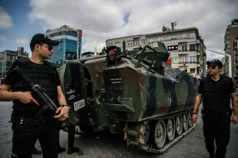 Turkish anti-riot police officers on duty in Istanbul's Taksim Square on July 17, 2016