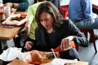 FILE PHOTO: U.S. Senator and Democratic presidential hopeful Harris campaigns at a town hall meeting in Charleston