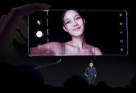 Richard Yu, CEO of the Huawei consumer business group, presents new devices during an event in Munich, Germany, Thursday, Sept. 19, 2019. (AP Photo/Matthias Schrader)