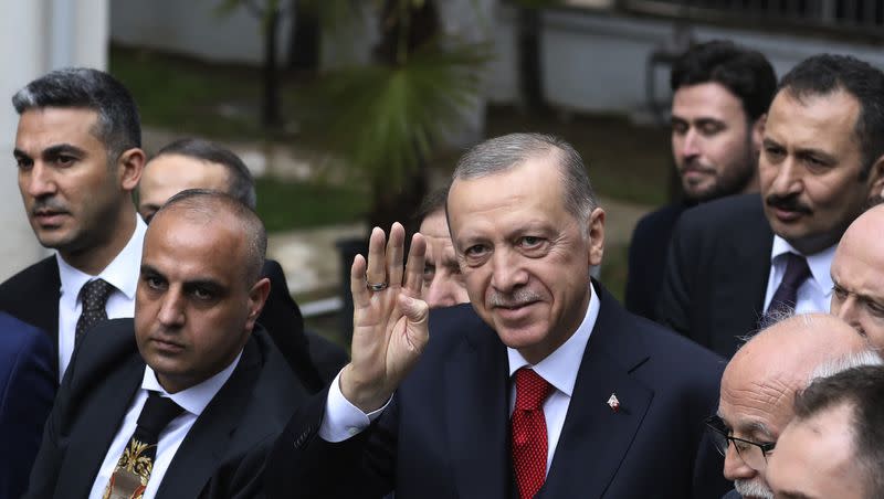 Recep Tayyip Erdogan, Turkey’s president, center, arrives in Ankara, Turkey, Tuesday, March 28, 2023. Turkey has approved Finland joining NATO.