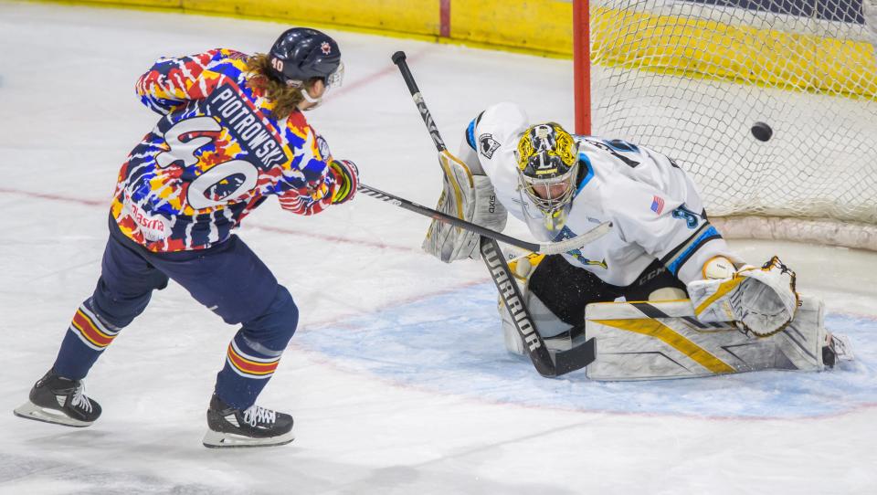 Peoria's JM Piotrowski (40) puts a shot past Quad City goaltender Kevin Resop in the second period Friday, March 24, 2023 at Carver Arena. The shot bounced off the crossbar. The Rivermen fell to the Storm 1-0.