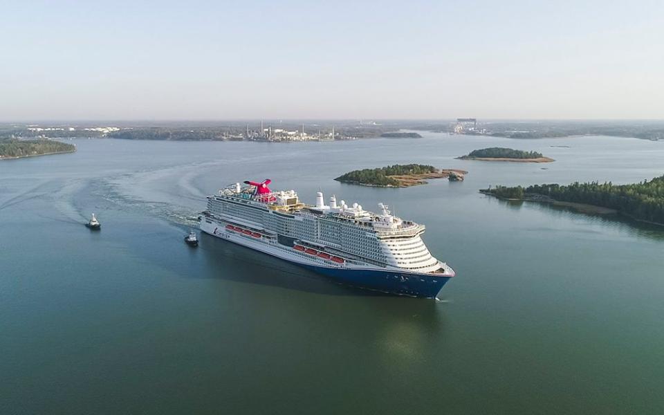 Mardi Gras cruise ship aerial shot