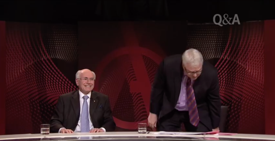 A photo of Tony Jones during the infamous shoe-throwing Q&A episode with former Prime Minster John Howard in 2010.