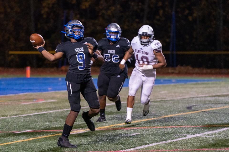 Passaic Tech's Ma'Kao Taylor (9) throws a pass during the NJSIAA North 1, Group 5 semifinal between Clifton and Passaic Tech at Passaic County Technical Institute in Wayne, NJ on Friday, November 4, 2022.