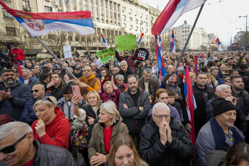 Protesters shout slogans during a rally in downtown Belgrade, Serbia, Saturday, Dec. 30, 2023. Thousands of people gathered to protest what election observers said were widespread vote irregularities during a recent general election. (AP Photo/Darko Vojinovic)