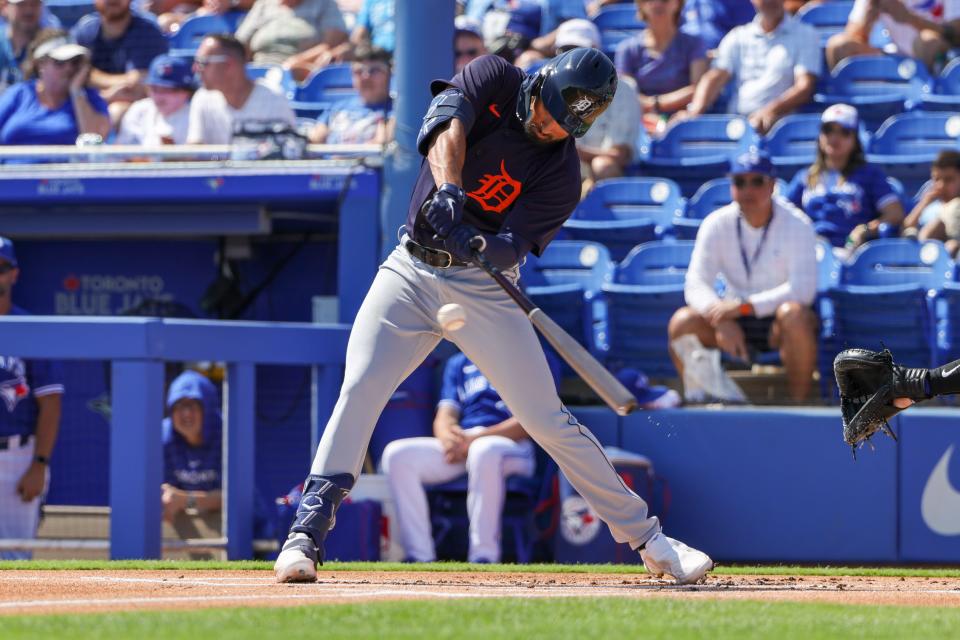 Detroit Tigers left fielder Riley Greene (31) swings during the first inning against the Toronto Blue Jays at TD Ballpark in Dunedin, Florida, on Tuesday, Feb. 28, 2023.