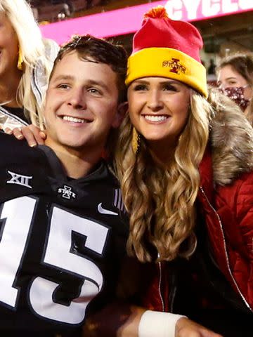 <p>David K Purdy/Getty</p> Brock Purdy and Whittney Purdy celebrate Iowa State winning 37-30 over the Oklahoma Sooners on October 3, 2020 in Ames, Iowa.