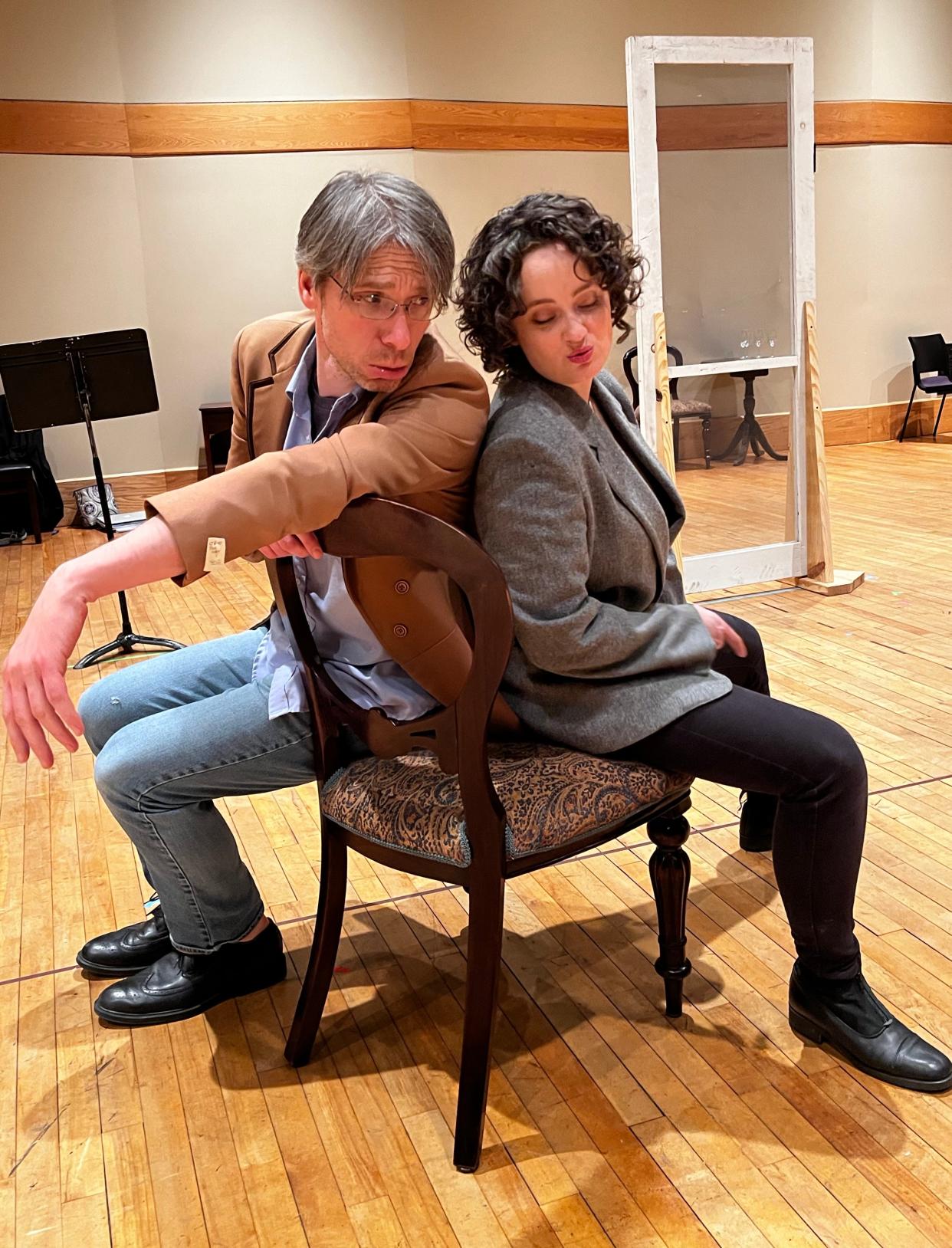 Jeff Horst, left, and Acacia Duncan rehearse for CATCO’s upcoming production of “Prima Donna.”