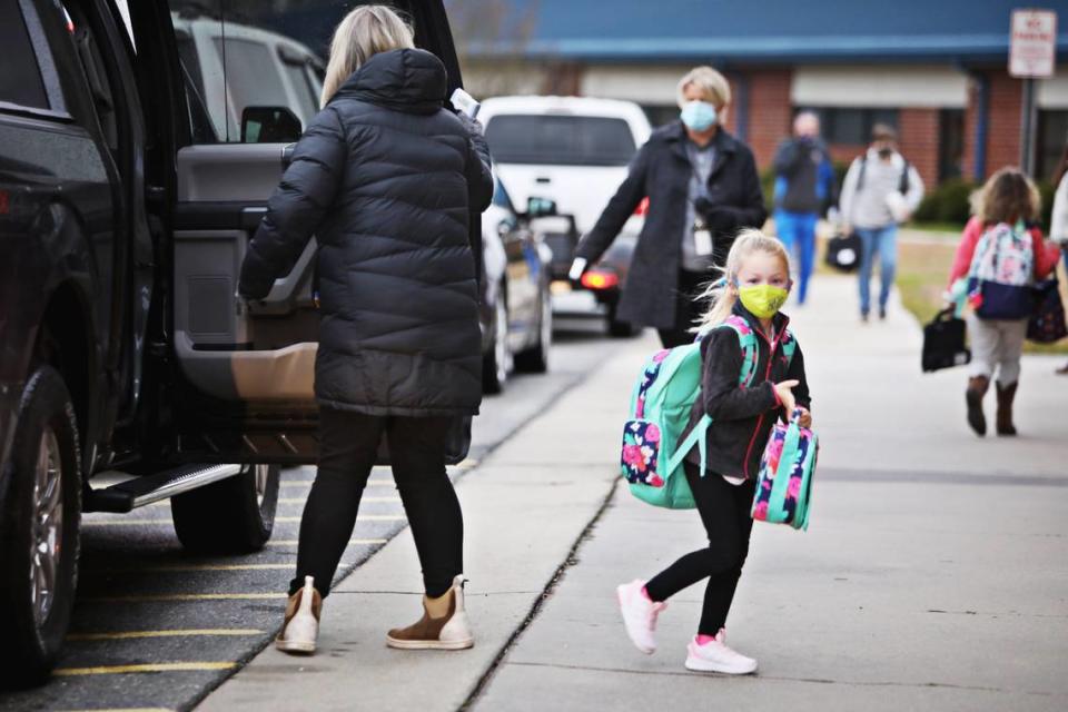 Princeton Elementary School students arrive back at school for in-person classes Monday morning, Feb. 1, 2021, in Princeton, NC. Despite lobbying from some teachers to stay with remote instruction, Johnston students across all grade levels showed up Monday for their first day of in-person classes since Dec. 14.