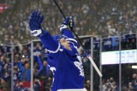 Toronto Maple Leafs forward Michael Bunting celebrates his first goal of the season during third-period NHL hockey game action against the Ottawa Senators in Toronto, Saturday, Oct. 16, 2021. (Evan Buhler/The Canadian Press via AP)